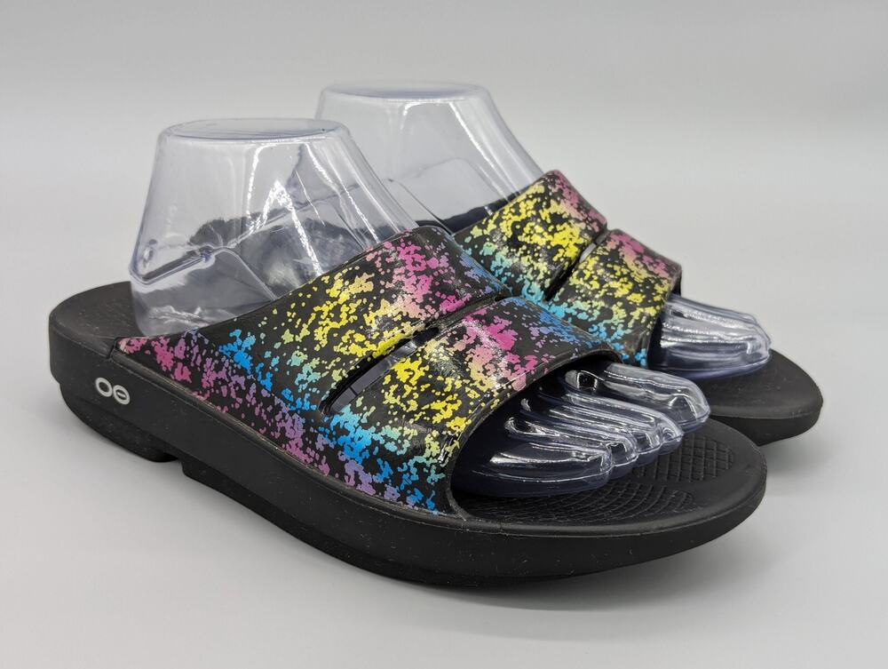 Oofos Ooahh Limited 80s Arcade Black Recovery Slide Sandals Size Men 8 Women 10